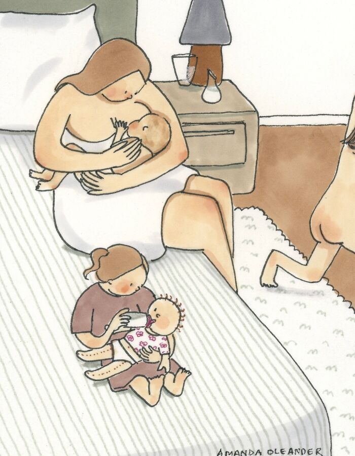 Wholesome illustration of a mother nursing and feeding babies, depicting private everyday moments shared by an artist.