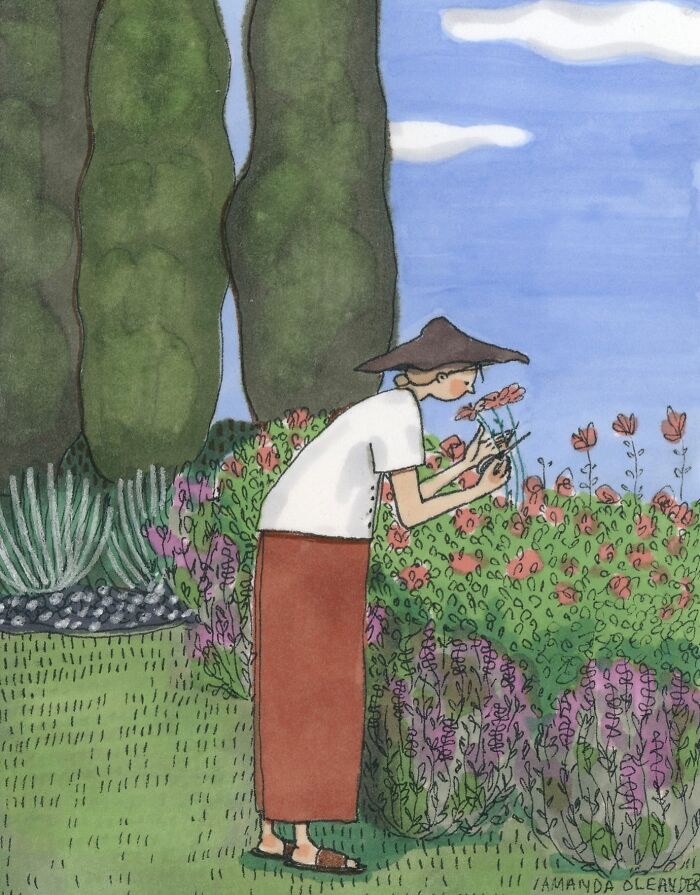 Wholesome illustration of a person gardening and cutting flowers outdoors in a colorful private moment.