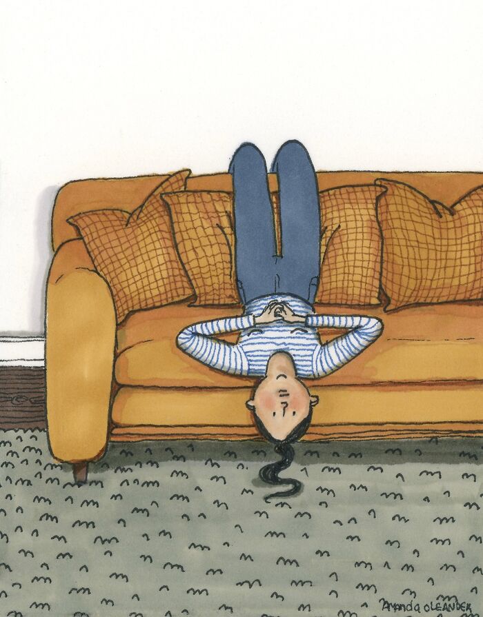 Illustration of a person relaxing upside down on a sofa, a wholesome private moment captured by the artist.