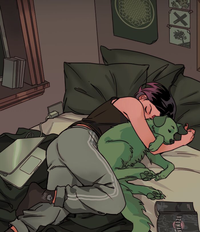 Young woman holding a cat in her room, capturing Gabriel Picolo’s Teen Titans relatable young heroes through visual storytelling.