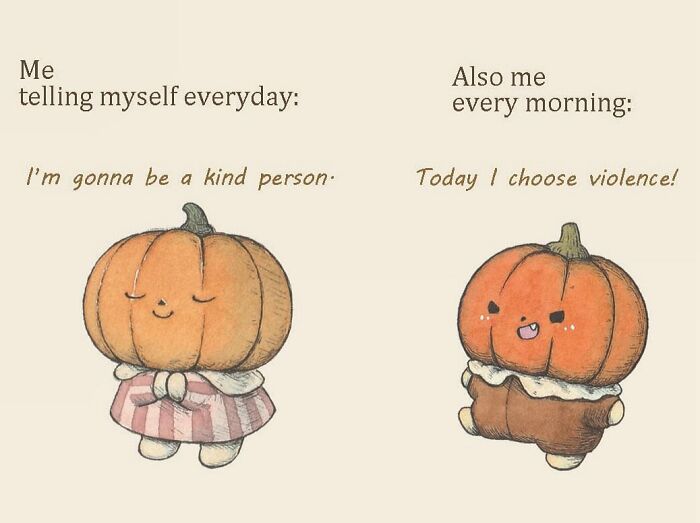Illustration of an adorably evil pumpkin showing two contrasting moods reflecting inner thoughts humor and charm.