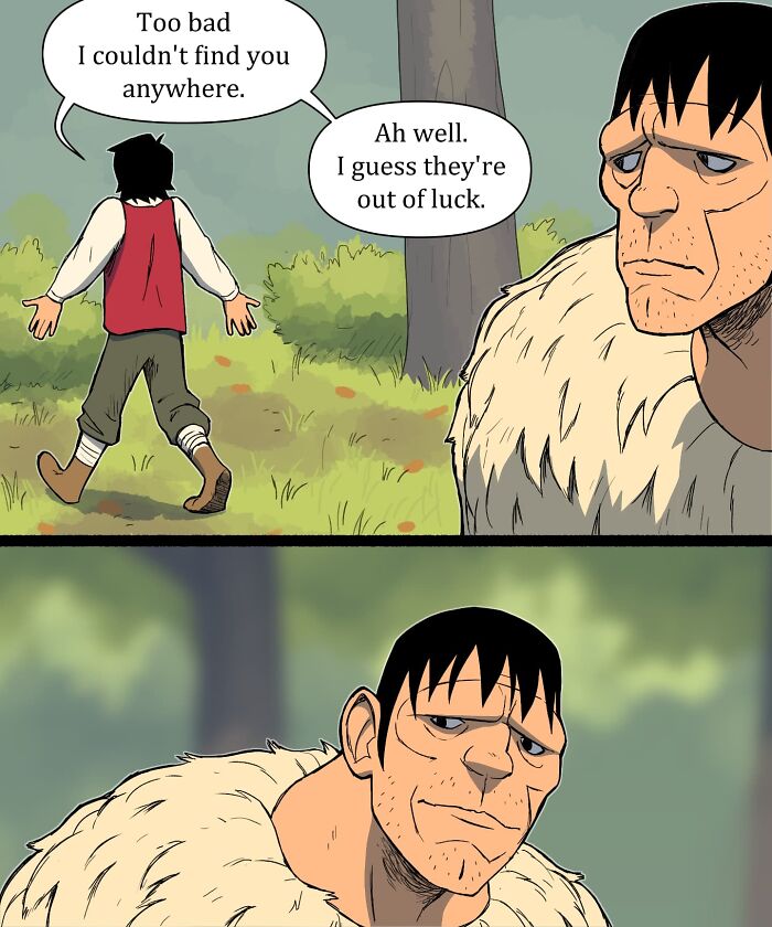 Comic scene from Pet Foolery showing two men in a forest, one writing in a book while the other talks and questions him.