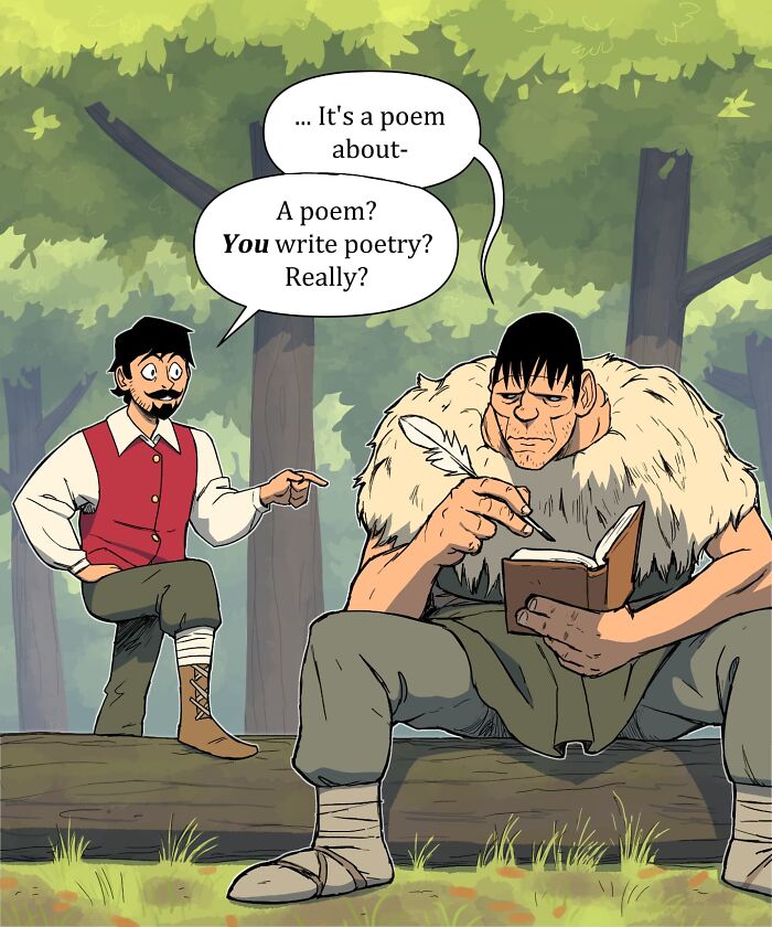 Comic scene from Pet Foolery showing two men in a forest, one writing in a book while the other talks and questions him.