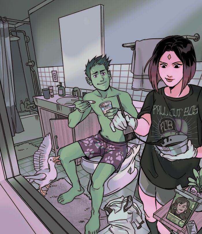 Young woman holding a cat in her room, capturing Gabriel Picolo’s Teen Titans relatable young heroes through visual storytelling.