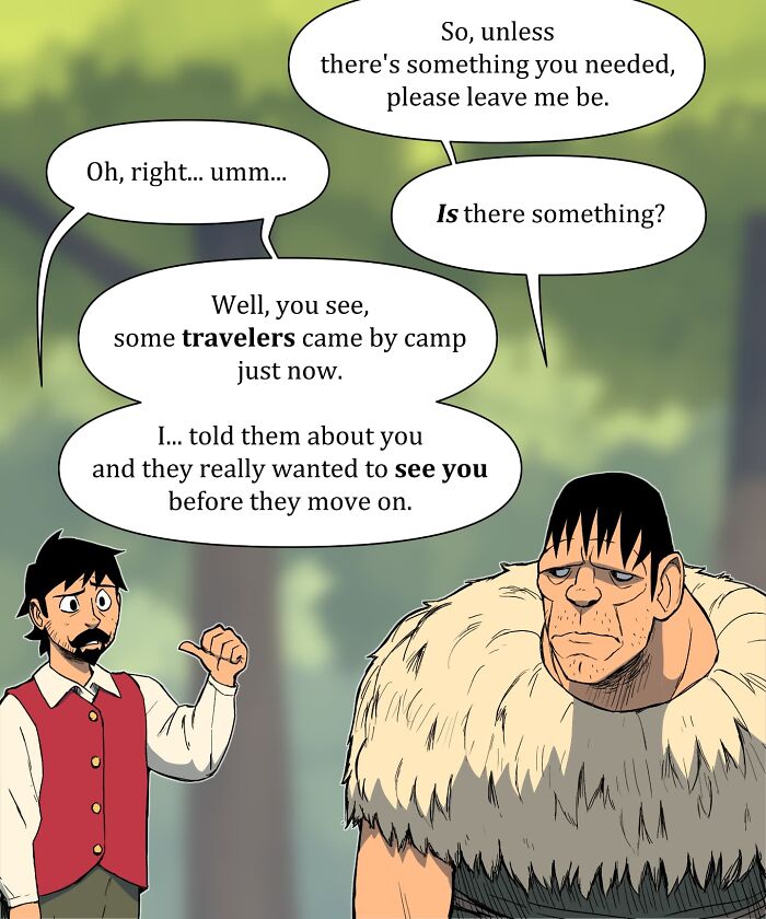 Comic scene from Pet Foolery showing two men in a forest, one writing in a book while the other talks and questions him.