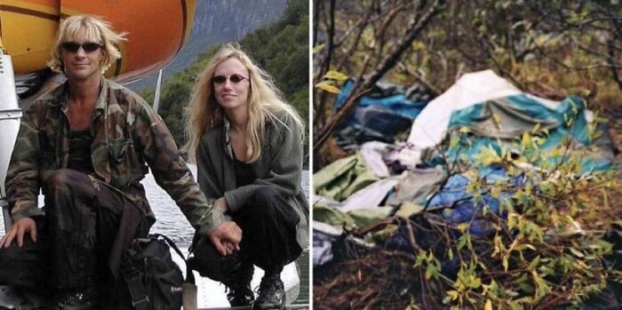 A couple holding hands near water beside a tent covered in foliage, part of unsettling images from the Morbid Knowledge group.