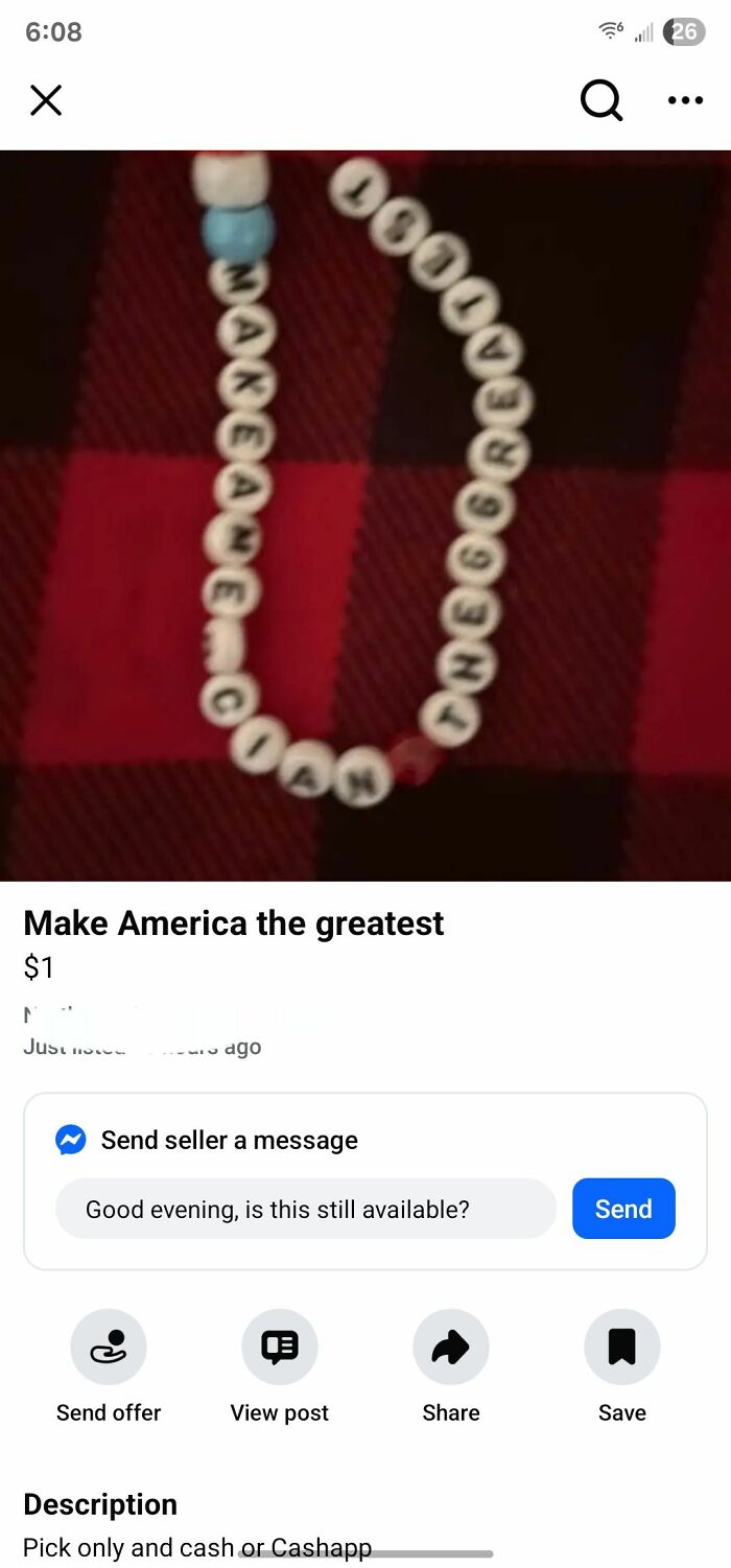 Beaded necklace spelling Make America the greatest displayed as a craft shaming example of DIY project fail.