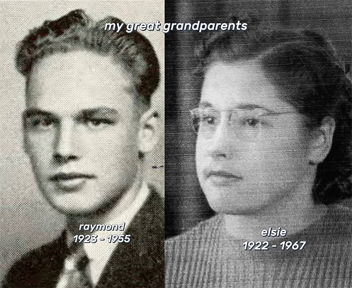 Black and white portraits of great grandparents Raymond and Elsie, family historian sharing family tree online inspiration.