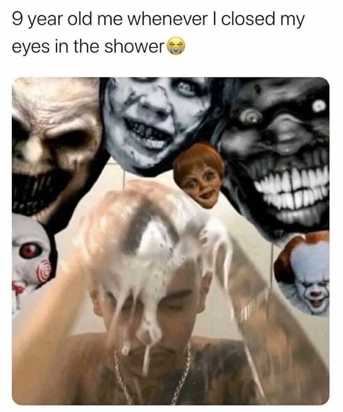 Person washing hair in shower surrounded by creepy horror movie faces, humorous meme for creepy funny humor fans.