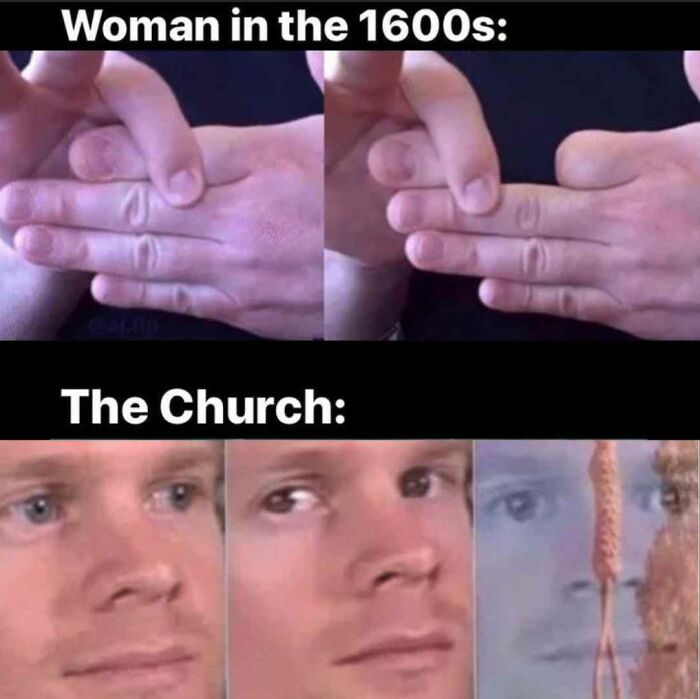 Hands demonstrating a 1600s church joke with close-up reaction faces, fitting creepy but funny meme humor black theme.