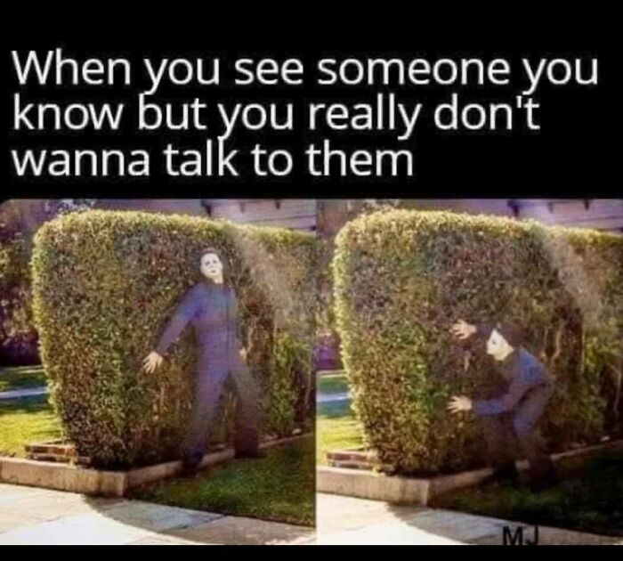 Man in Halloween costume hiding behind a hedge, illustrating creepy but funny memes about avoiding people.