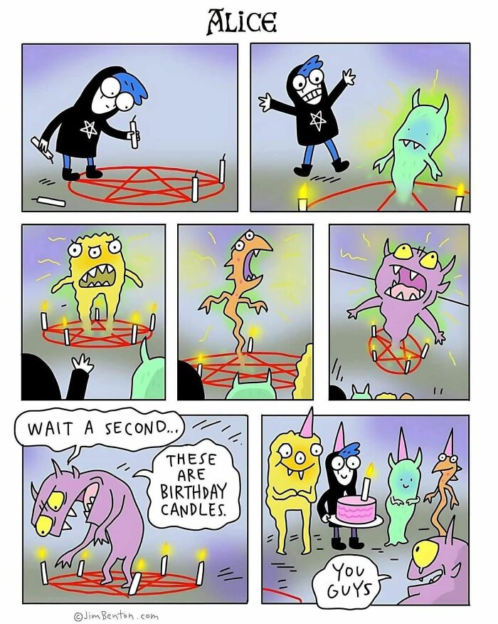 Comic strip showing a character summoning creatures with candles, then realizing they are birthday candles in a funny spooky meme.