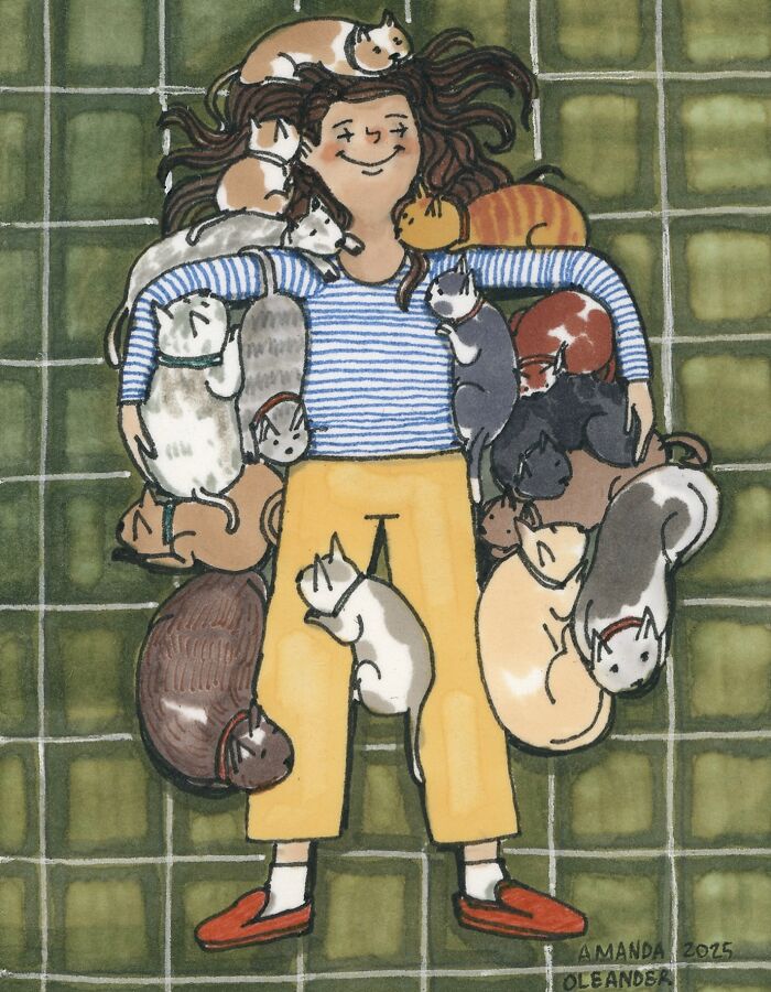 Wholesome illustration of a person joyfully surrounded by multiple cats, depicting private moments shared by an artist.