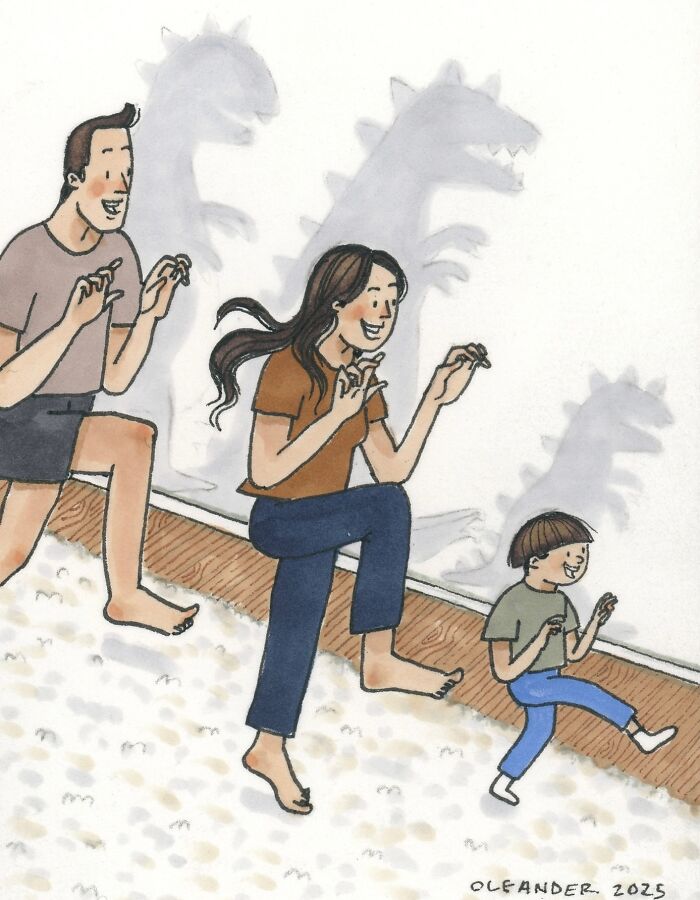 A family playfully making dinosaur shadow shapes on the wall in a wholesome private moment illustration.
