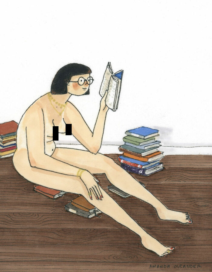 Wholesome illustration of a person sitting n**e on the floor reading a book surrounded by stacks of books in a private moment.