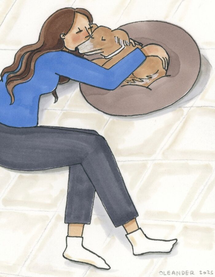 Illustration of a woman showing affection to her dog, depicting wholesome moments shared in private life.