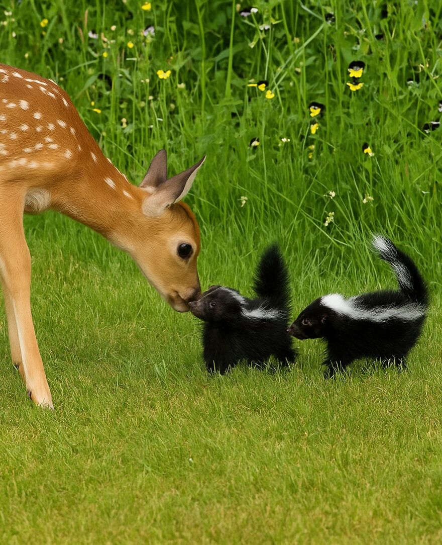 Adorable and beautiful animals showing a young deer sniffing two baby skunks on green grass with wildflowers.