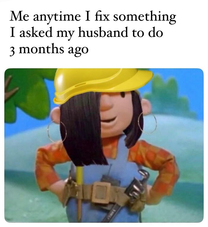 Mom proudly fixing things with a hard hat and tool belt, capturing the cool mom parenting meme vibe.