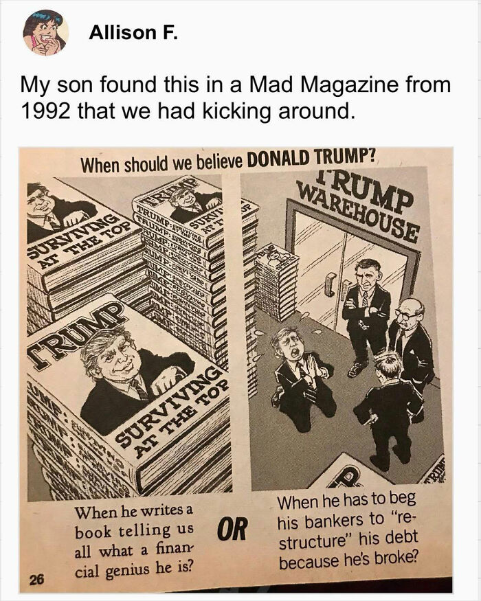 Cartoon from 1992 Mad Magazine showing Donald Trump and financial predictions accurate like aged wine.