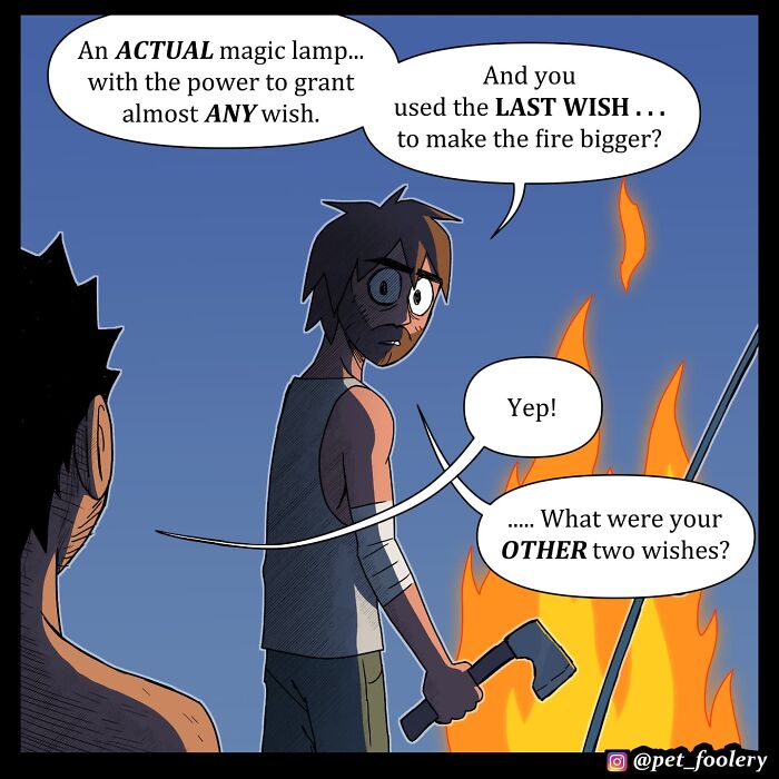 Comic panels from Pet Foolery featuring a surprised man with wild hair on a tropical beach setting.