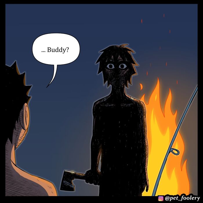 Comic panels from Pet Foolery featuring a surprised man with wild hair on a tropical beach setting.