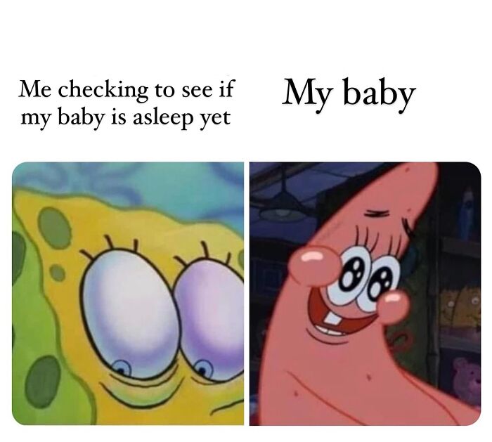 SpongeBob and Patrick meme showing a parent checking if baby is asleep, capturing funny moments of being a cool mom.