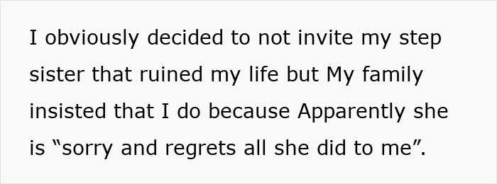 Text on a white background showing a woman&rsquo;s struggle with her stepsister and family tied to cutting all ties years later.