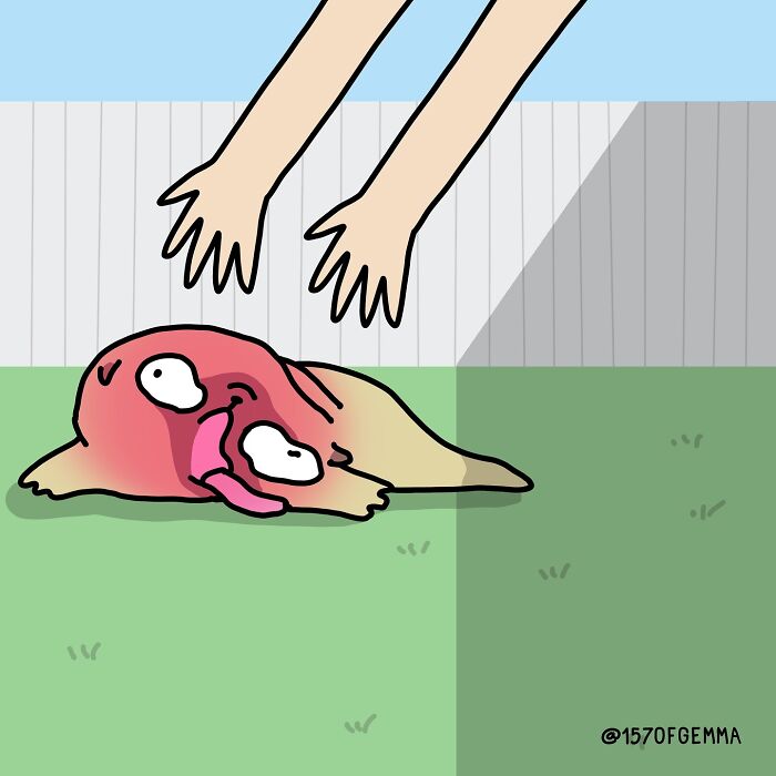 Cartoon illustration of a cute pug lying on grass in a backyard, part of adorable and funny artist comics.