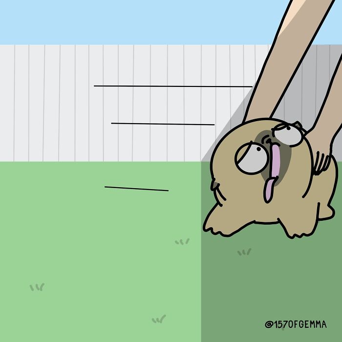 Cartoon illustration of a cute pug lying on grass in a backyard, part of adorable and funny artist comics.