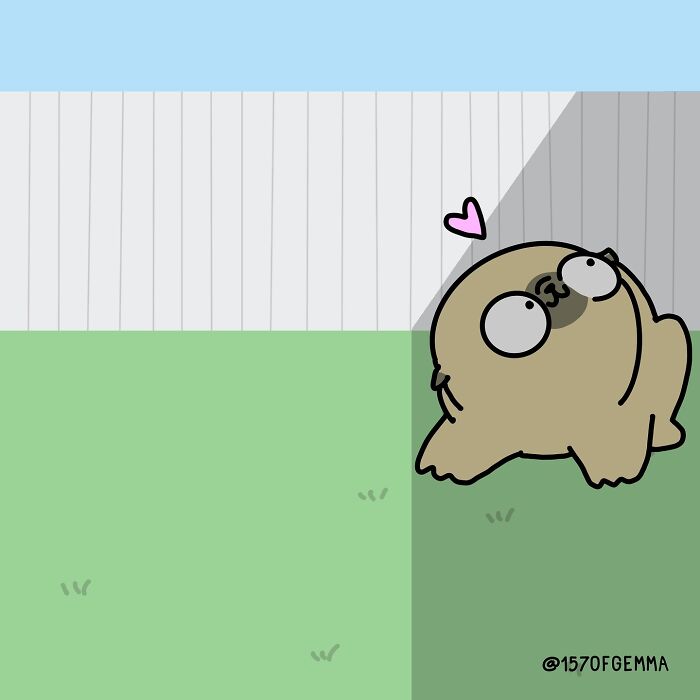 Cartoon illustration of a cute pug lying on grass in a backyard, part of adorable and funny artist comics.