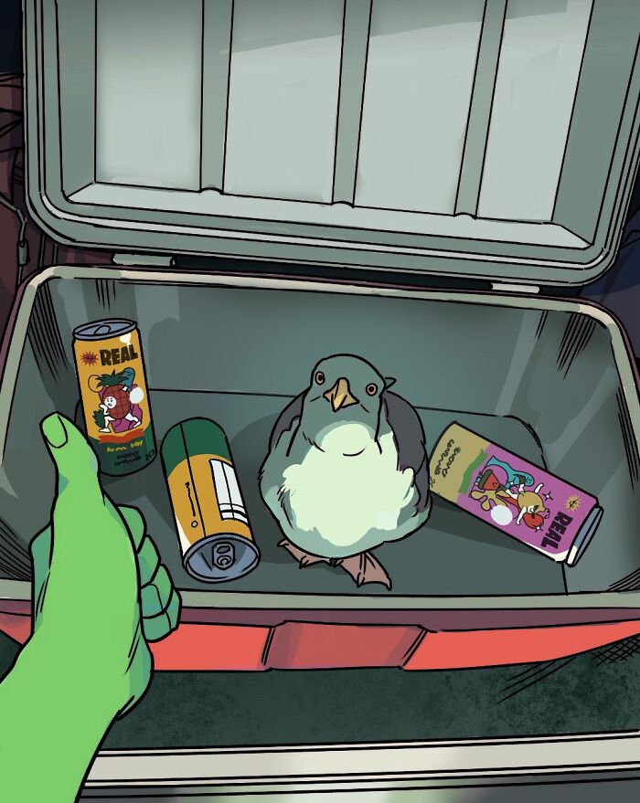 Beast Boy relaxing on the beach surrounded by seagulls in Gabriel Picolo's Teen Titans visual storytelling style.