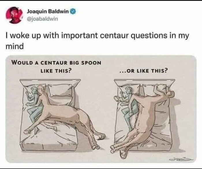 Cartoon meme illustrating two ways a centaur might big spoon, related to neurodivergence humor and understanding.
