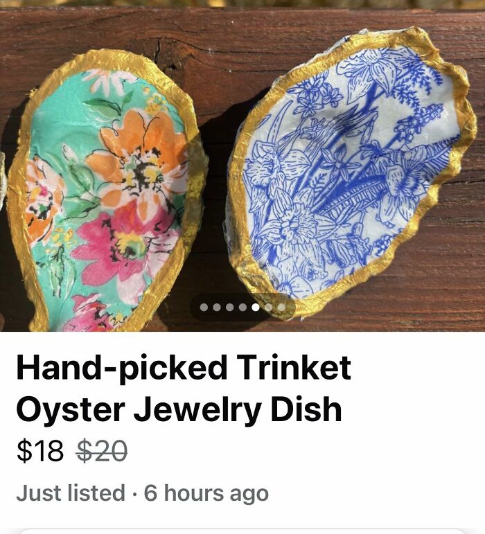 Hand-painted DIY trinket oyster jewelry dishes with colorful floral designs and gold edges on a wooden surface.