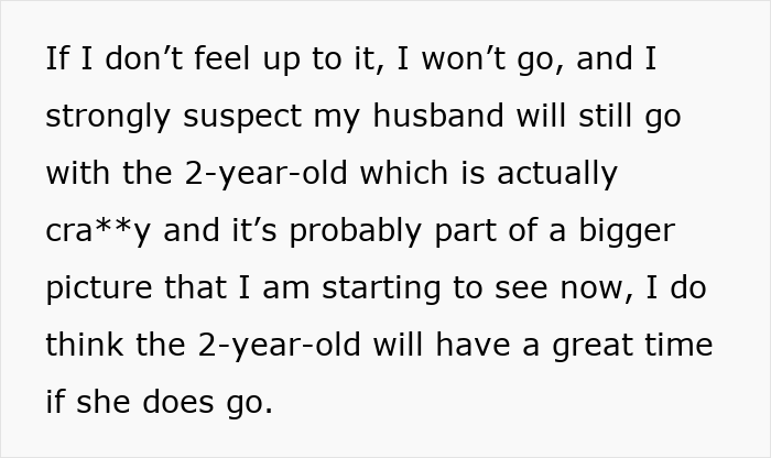 Text displaying a woman expressing concerns about her husband taking their 2-year-old on a postpartum trip without her.