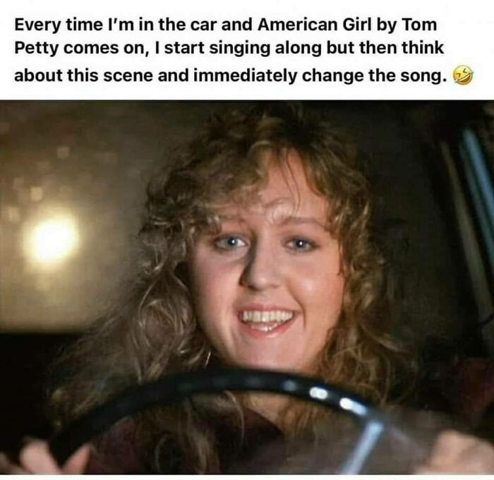 Woman smiling while driving, relatable neurodivergent meme about changing songs after hearing American Girl by Tom Petty.