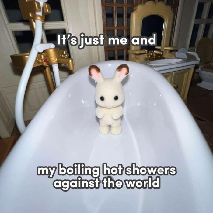 Small stuffed bunny in a bathtub with text about boiling hot showers, relatable neurodivergent meme theme.