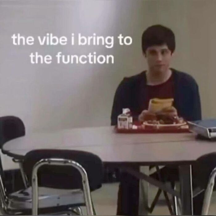 A person sitting alone at a table with food, text reads the vibe i bring to the function, relatable neurodivergent meme.