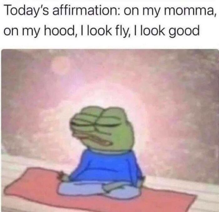 Pepe the Frog meditating on a mat with caption about self-affirmation, relatable to neurodivergent people.