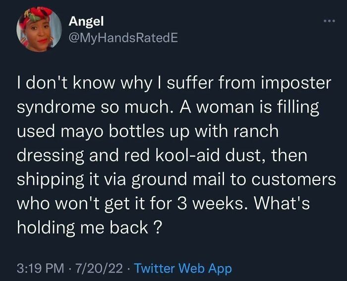Tweet about imposter syndrome humorously describing a bizarre ranch dressing mix, relatable to neurodivergent people memes.