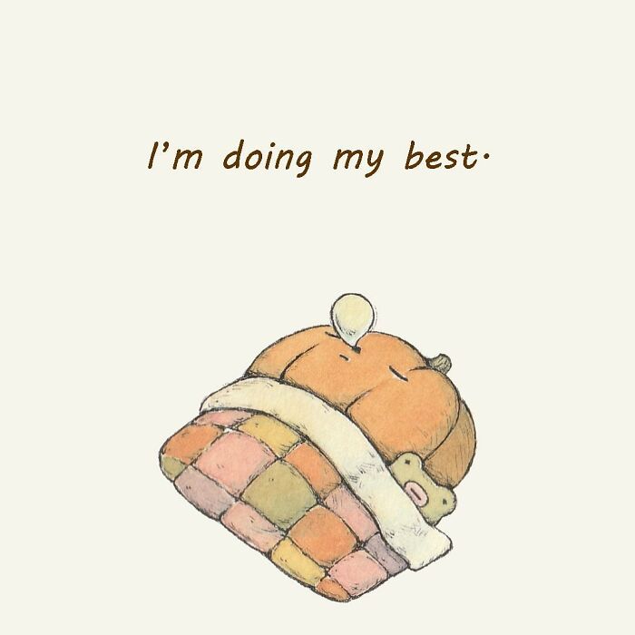 Adorable evil pumpkin illustration tucked in a colorful patchwork blanket with text saying I'm doing my best
