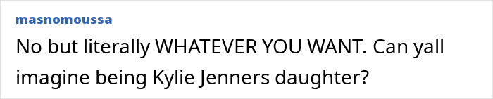 Text message on a white background asking if others can imagine being Kylie Jenner&rsquo;s daughter, referencing Stormi stealing spotlight in cosmetics ad.