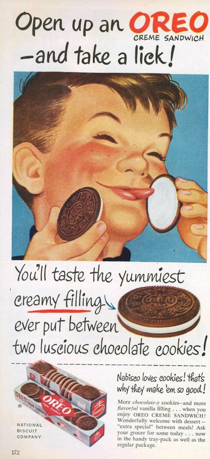 Vintage advertisement of a boy licking an Oreo cookie, highlighting creamy filling in classic vintage advertisements.