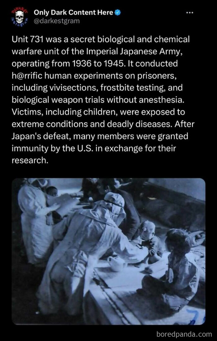 Creepy stories and darkest page on Instagram featuring secret biological warfare experiments and chilling historical facts.