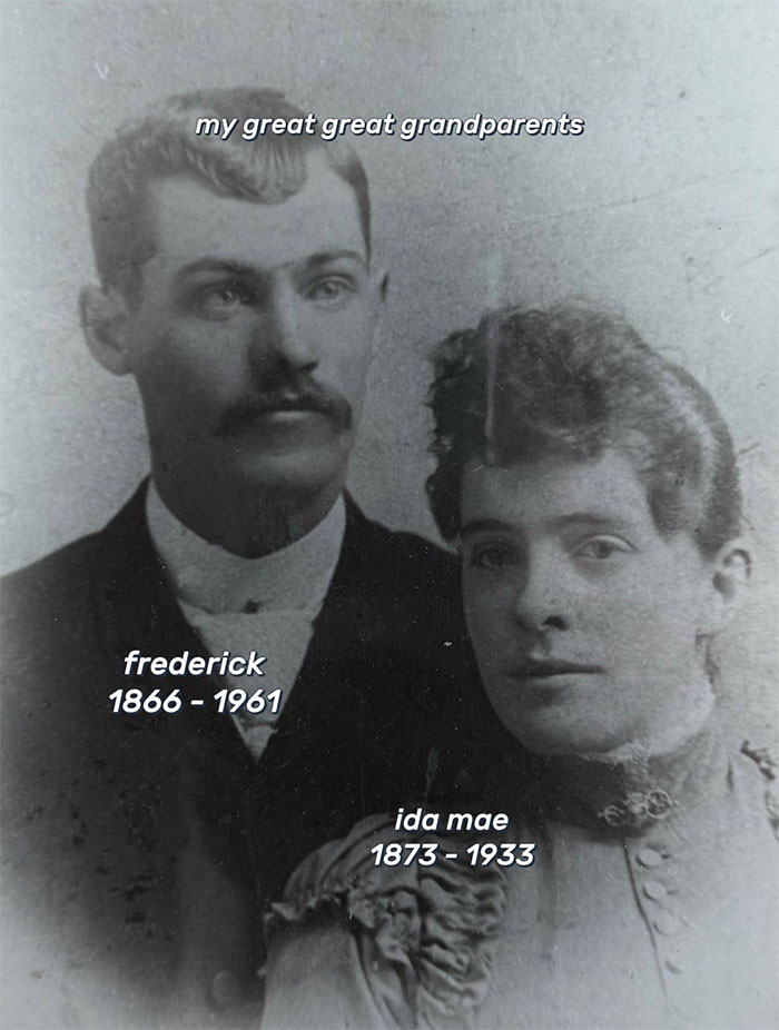 Vintage photo of great great grandparents Frederick and Ida Mae, illustrating family historian and family tree inspiration.