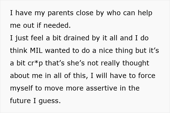 Text excerpt showing feelings of being drained and needing support from parents after postpartum challenges with a 2-year-old child.