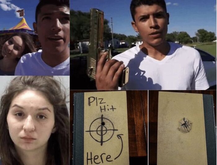 Collage of unsettling images including mugshot, person holding a gun, and target practice notes from morbid knowledge group.