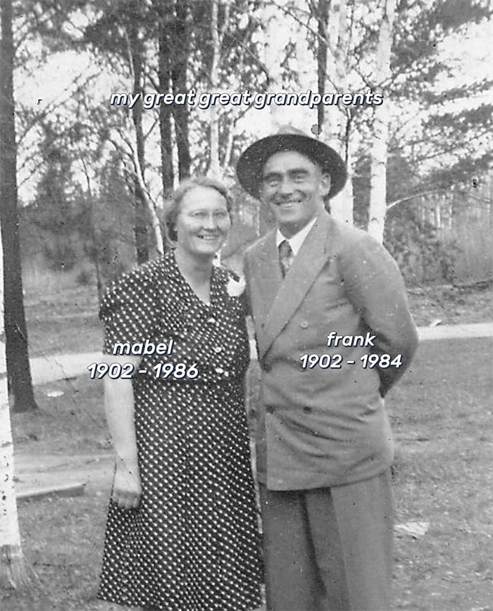 Black and white photo of great great grandparents Mabel and Frank, illustrating family historian sharing family tree online.