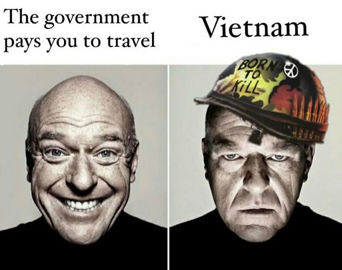 Two contrasting black and white portraits illustrating a funny meme about history knowledge and the Vietnam War.