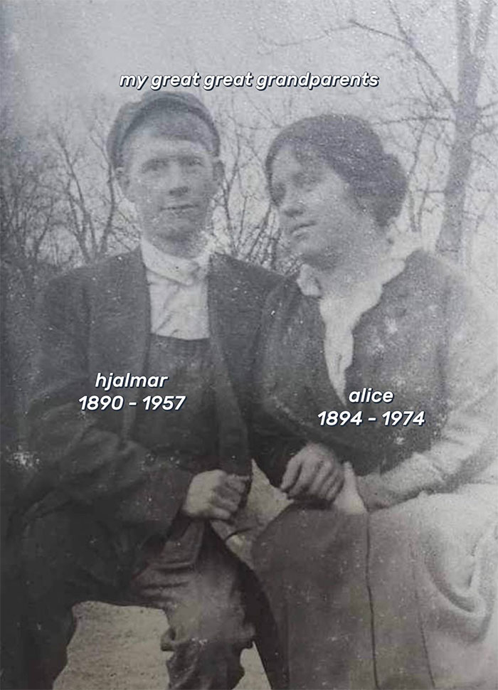 Black and white photo of great great grandparents Hjalmar and Alice, inspiring others to share their family tree online.