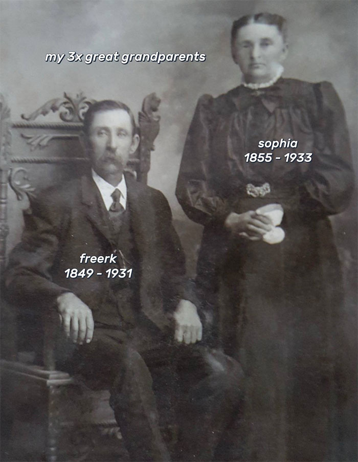 Vintage photo of 3x great grandparents Freerk and Sophia, illustrating family historian&rsquo;s influence on sharing family trees online.